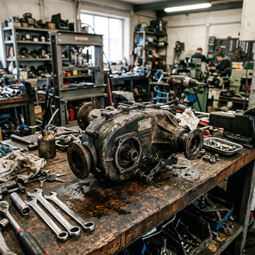 Engine part on a wooden workbench surrounded by wrenches, keys, and oil can in a workshop