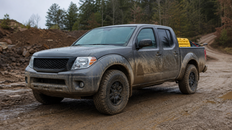 Pick-up double cabine couvert de boue sur une piste de chantier