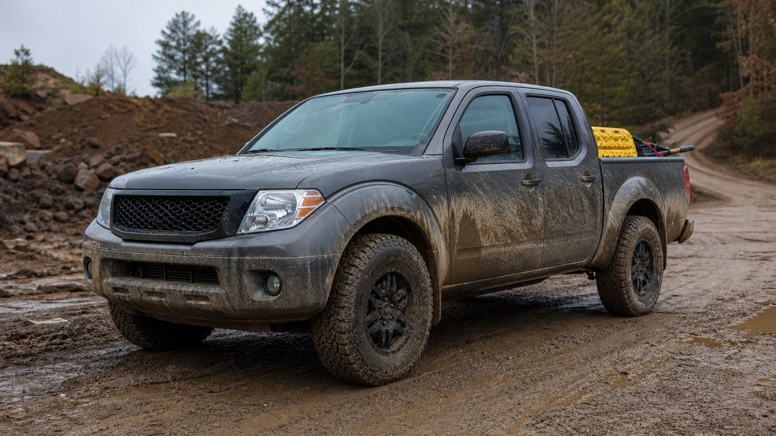 Pick-up double cabine couvert de boue sur une piste de chantier