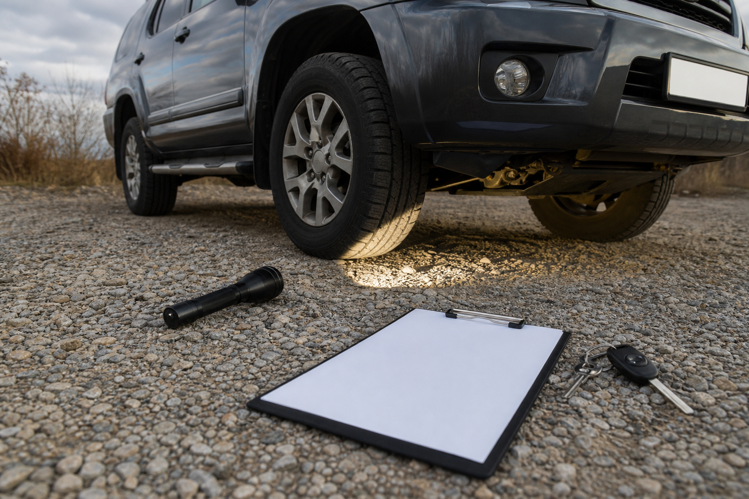 Inspection sous un 4x4 avant achat avec lampe torche