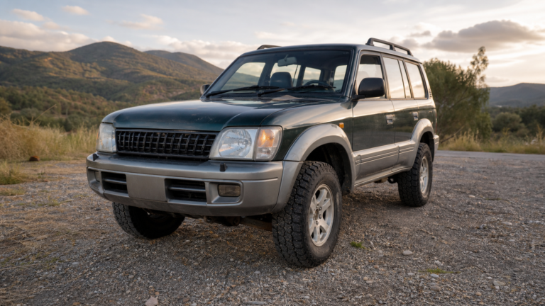 Ancien 4x4 d’occasion sur un chemin au soleil de fin de journée