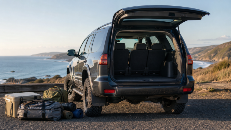Grand 4x4 familial avec coffre ouvert et troisième rangée de sièges