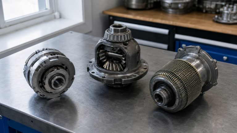 Organes de transmission automobile alignés sur un établi