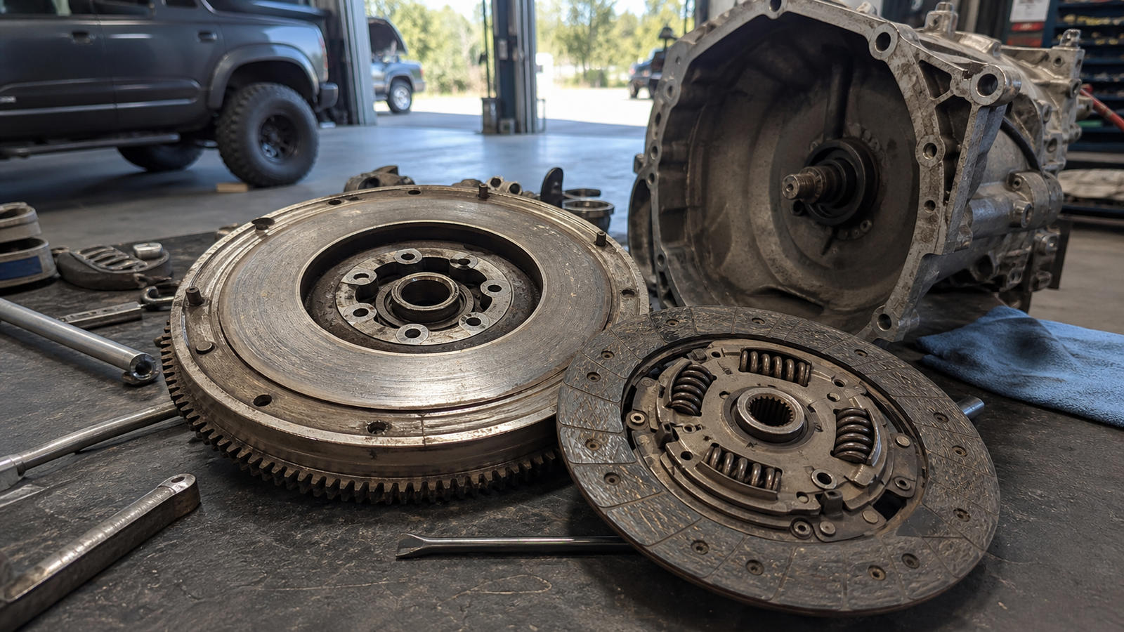 Volant moteur bi-masse et embrayage sur établi en atelier