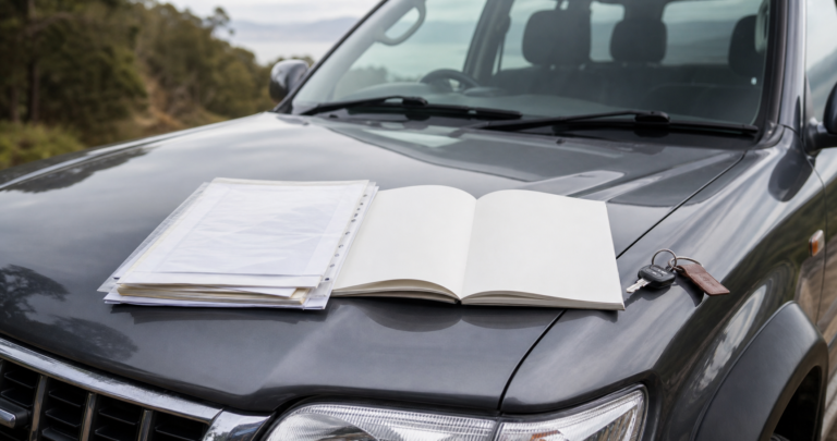 Carnet d’entretien et factures posés sur le capot d’un 4x4