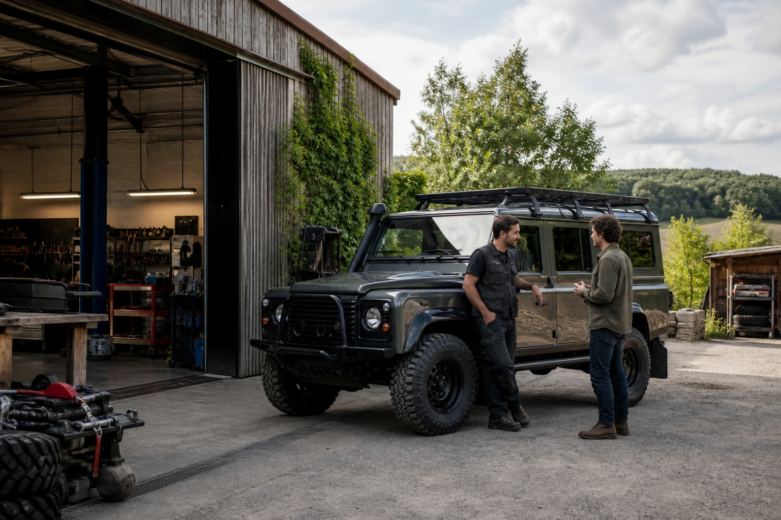 Professionnels du 4x4 devant un atelier automobile